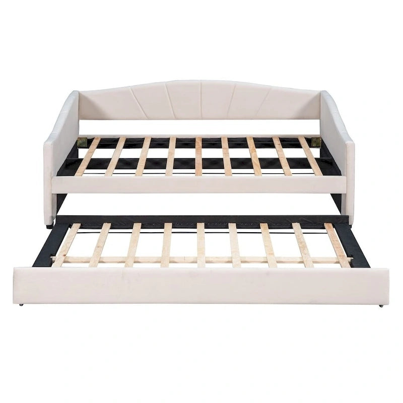 Upholstered Daybed Sofa Bed Twin Size With Trundle Bed and Wood Slat