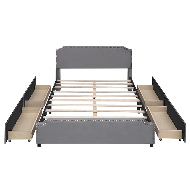 Queen Velvet Platform Bed with Stud Trim and Four Drawers