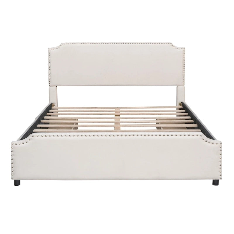 Queen Velvet Platform Bed with Stud Trim and Four Drawers