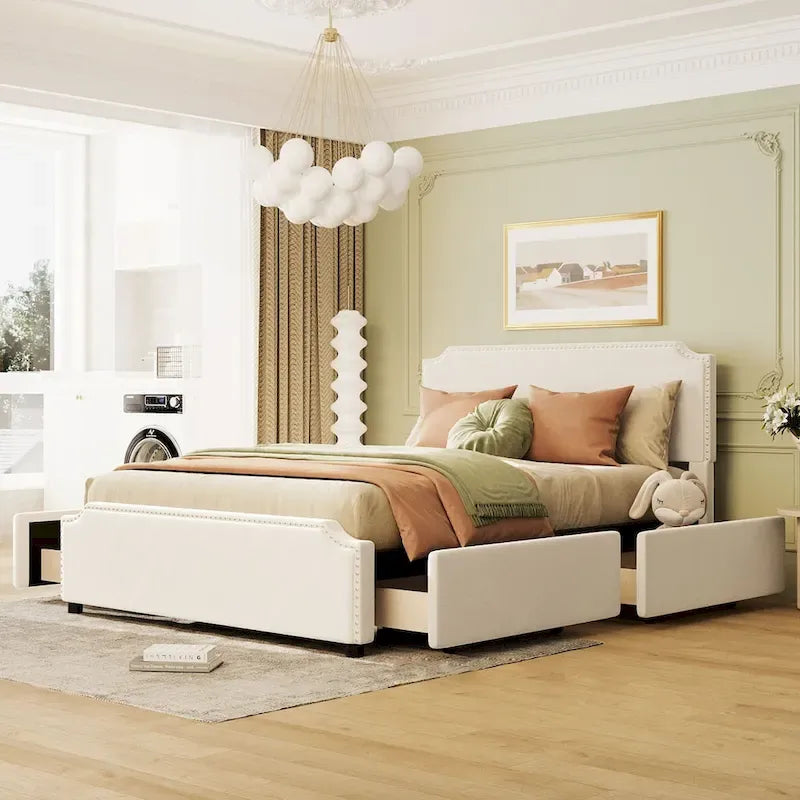 Letto a piattaforma queen size in velluto con bordino borchiato e quattro cassetti