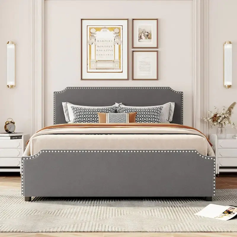 Queen Velvet Platform Bed with Stud Trim and Four Drawers