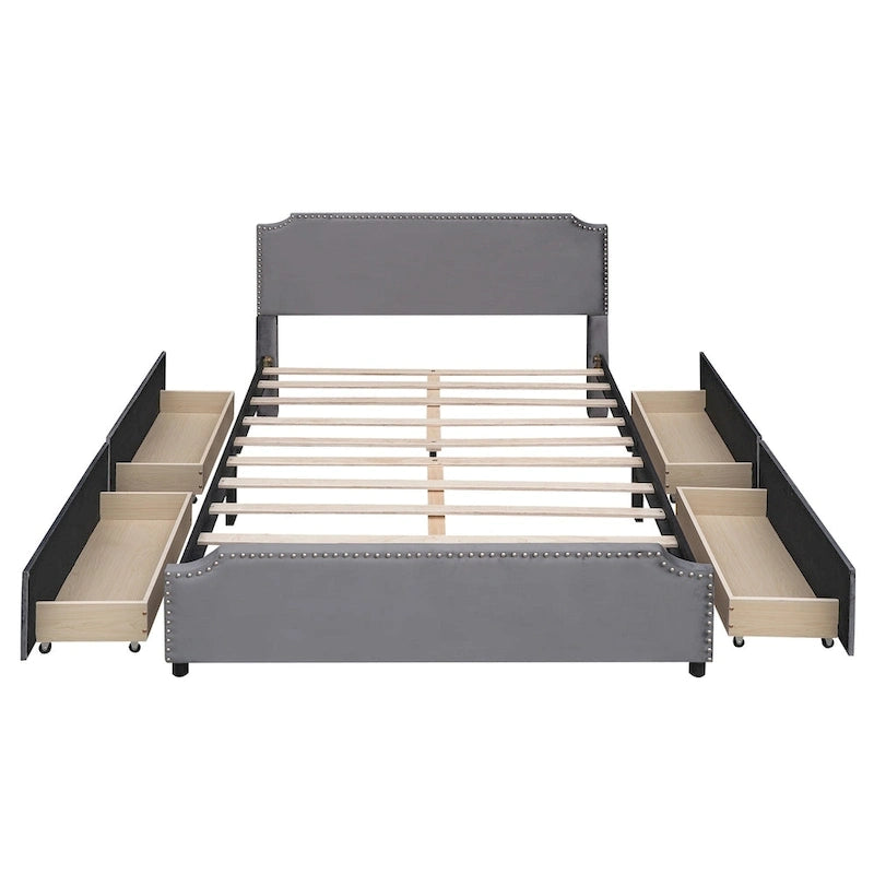 Queen Velvet Platform Bed with Stud Trim and Four Drawers