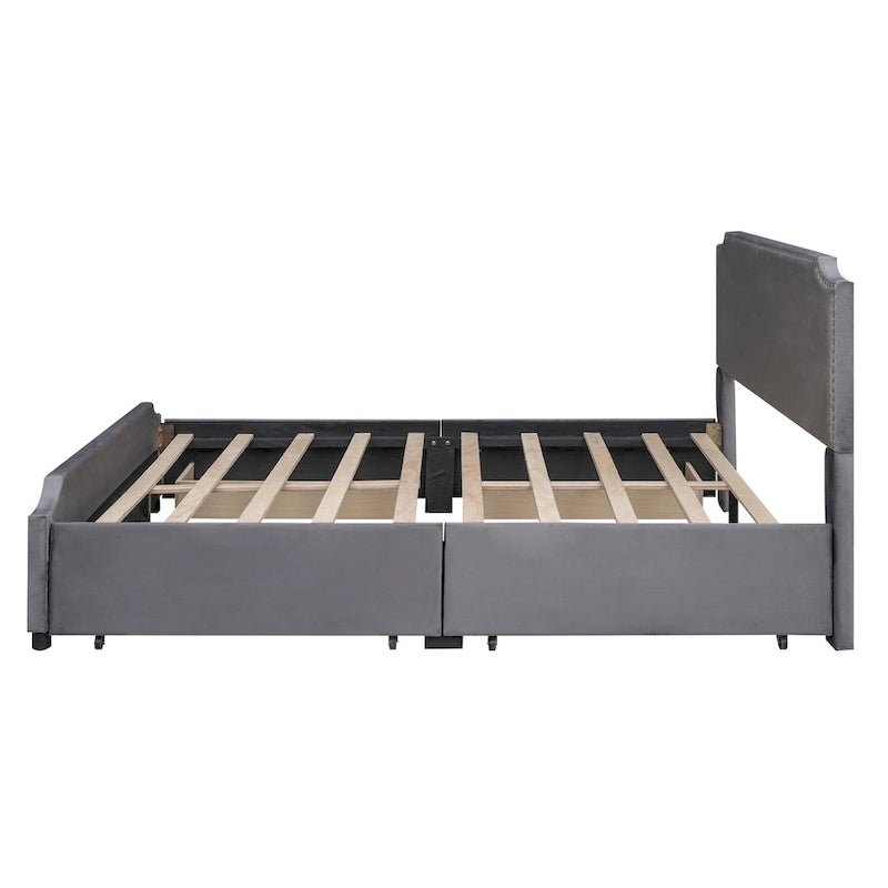 Letto a piattaforma queen size in velluto con bordino borchiato e quattro cassetti