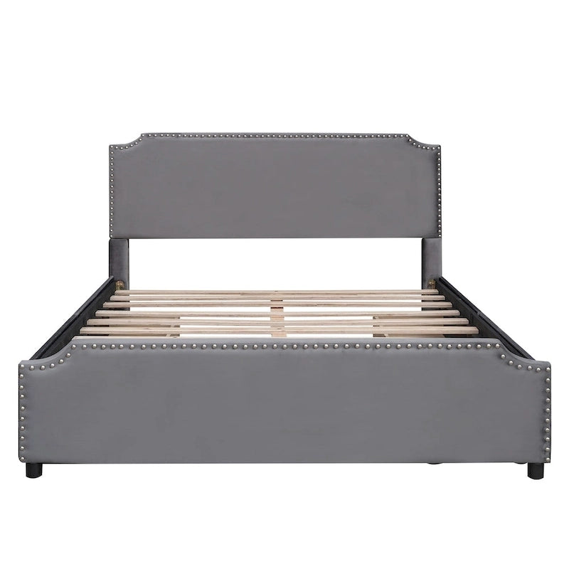 Letto a piattaforma queen size in velluto con bordino borchiato e quattro cassetti