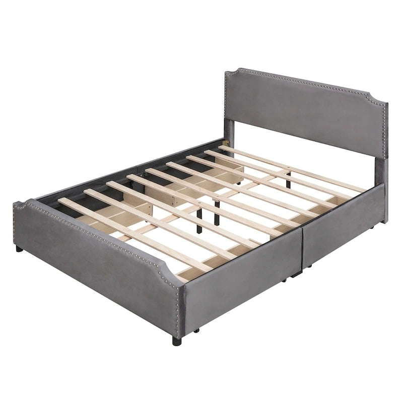 Letto a piattaforma queen size in velluto con bordino borchiato e quattro cassetti