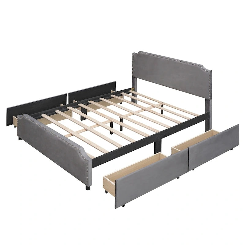 Letto a piattaforma queen size in velluto con bordino borchiato e quattro cassetti