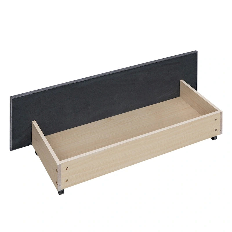 Letto a piattaforma queen size in velluto con bordino borchiato e quattro cassetti