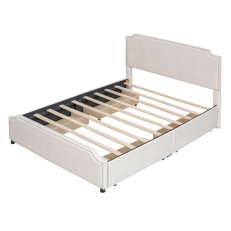 Letto a piattaforma queen size in velluto con bordino borchiato e quattro cassetti