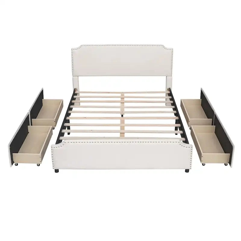 Letto a piattaforma queen size in velluto con bordino borchiato e quattro cassetti