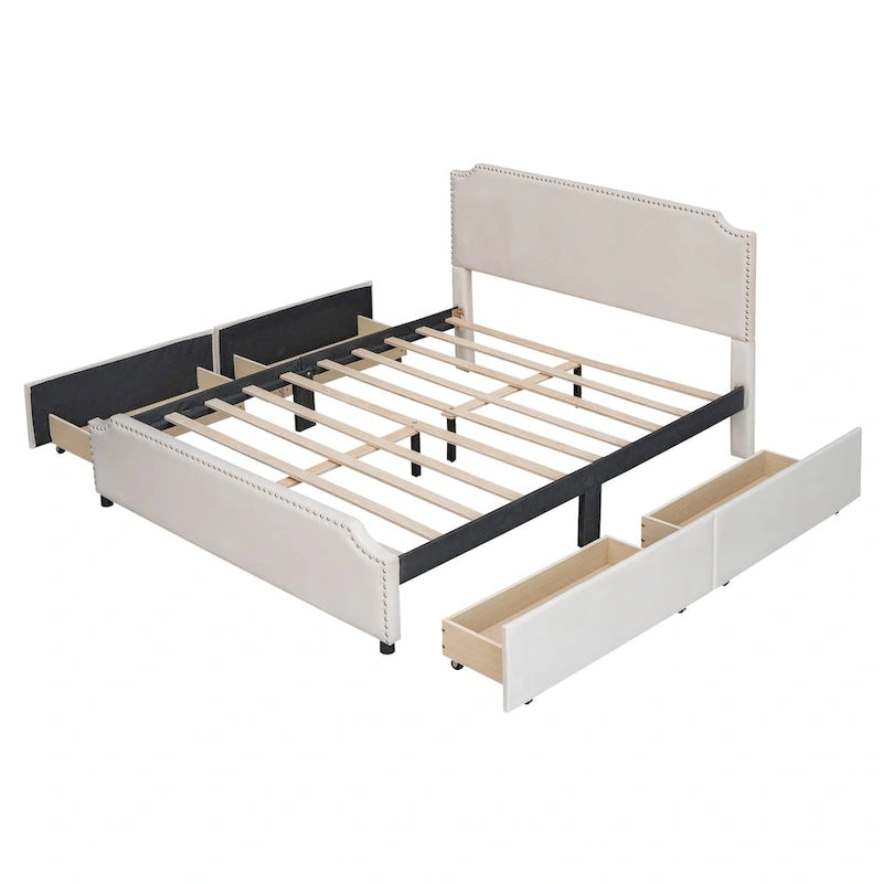 Letto a piattaforma queen size in velluto con bordino borchiato e quattro cassetti
