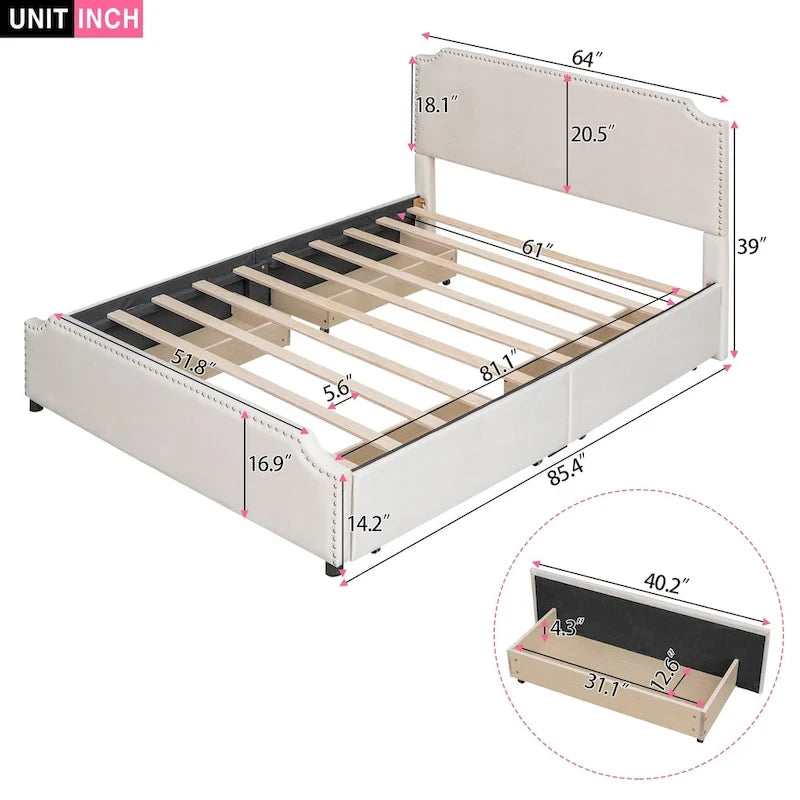 Letto a piattaforma queen size in velluto con bordino borchiato e quattro cassetti
