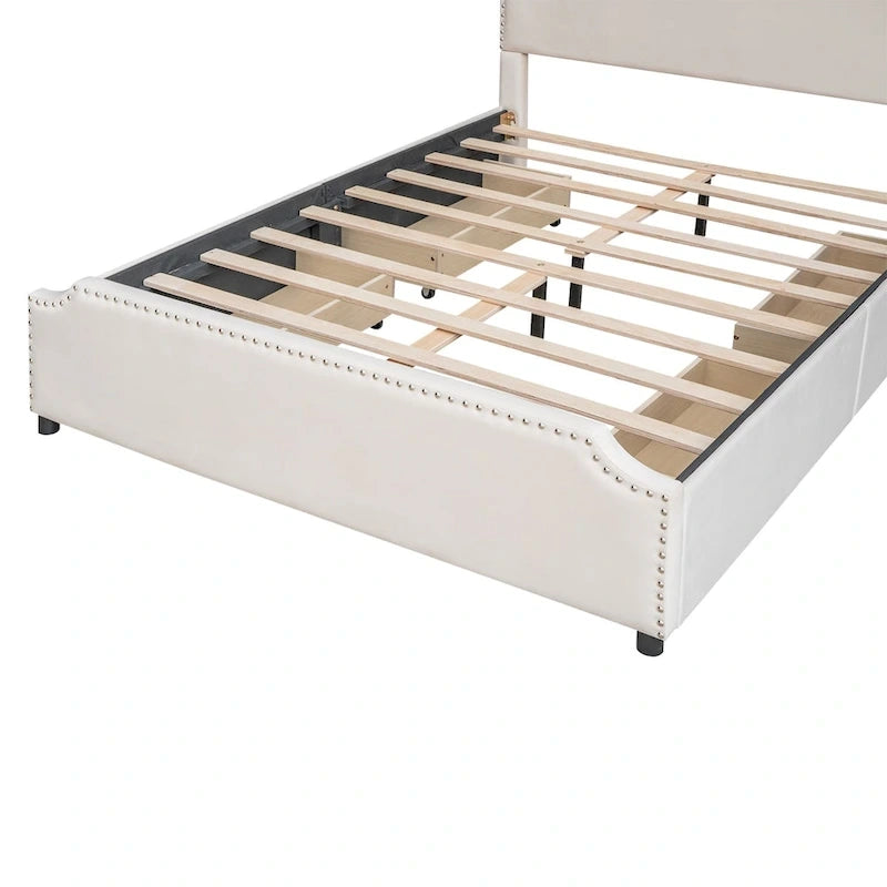 Letto a piattaforma queen size in velluto con bordino borchiato e quattro cassetti