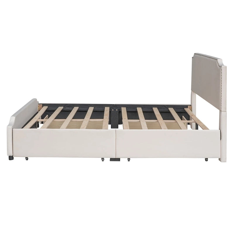 Letto a piattaforma queen size in velluto con bordino borchiato e quattro cassetti
