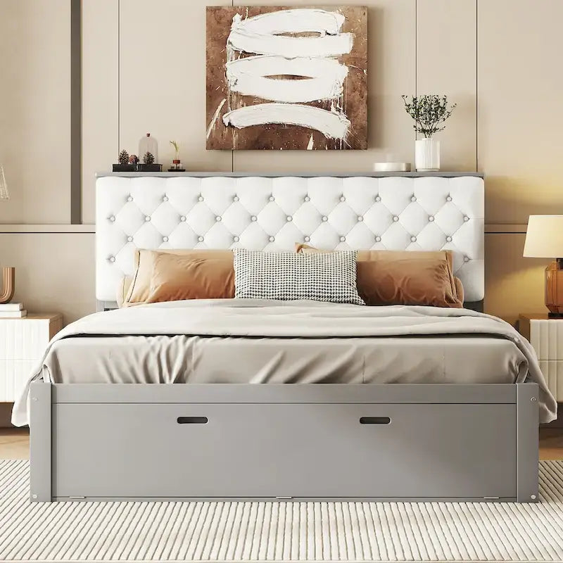 Wood Platform Bed with Storage Headboard, Shoe Rack and 4 Drawers