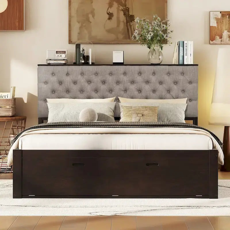 Wood Platform Bed with Storage Headboard, Shoe Rack and 4 Drawers