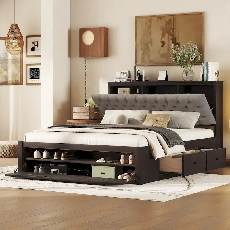 Wood Platform Bed with Storage Headboard, Shoe Rack and 4 Drawers
