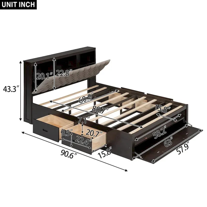 Wood Platform Bed with Storage Headboard, Shoe Rack and 4 Drawers