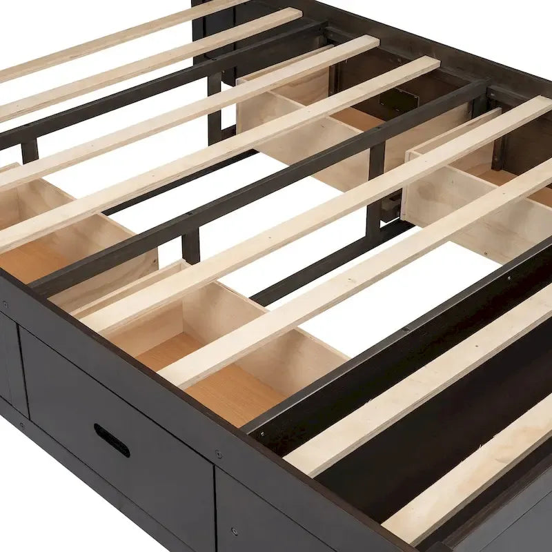 Wood Platform Bed with Storage Headboard, Shoe Rack and 4 Drawers