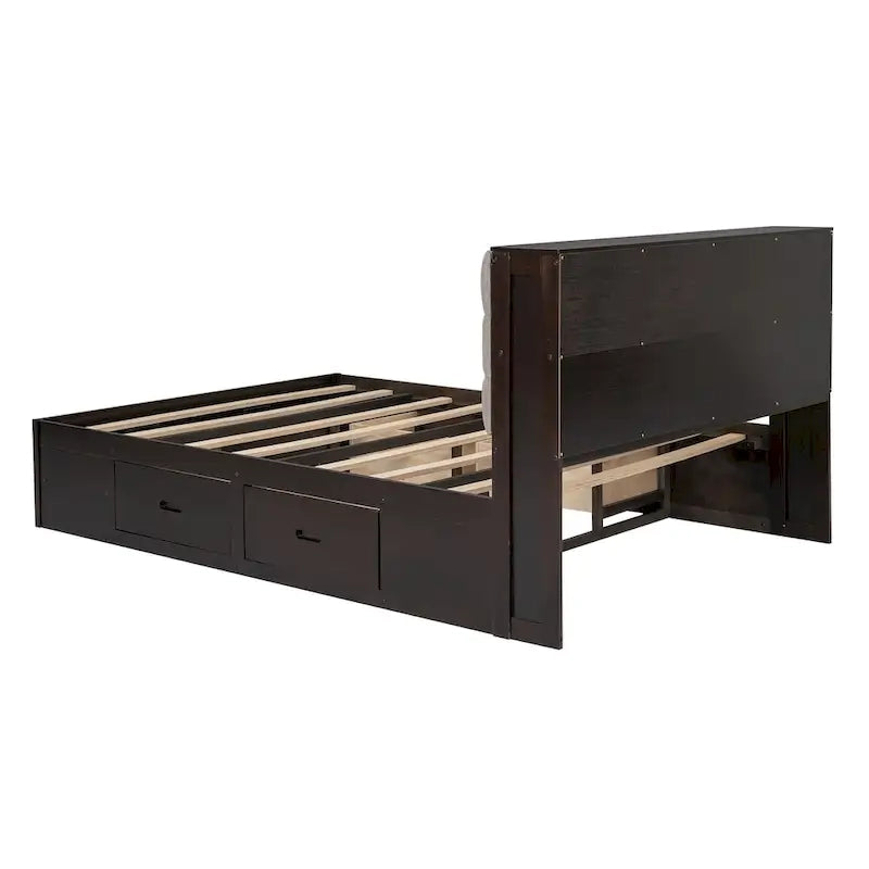 Wood Platform Bed with Storage Headboard, Shoe Rack and 4 Drawers