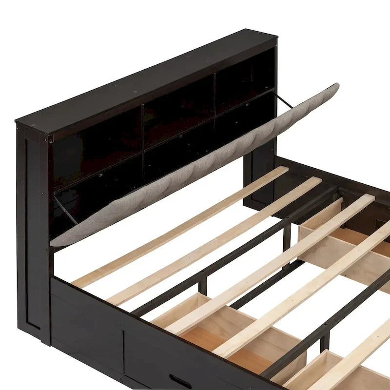 Wood Platform Bed with Storage Headboard, Shoe Rack and 4 Drawers