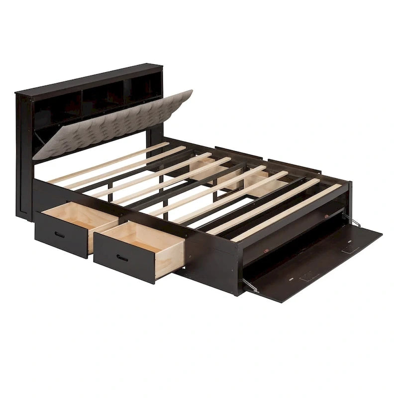 Wood Platform Bed with Storage Headboard, Shoe Rack and 4 Drawers