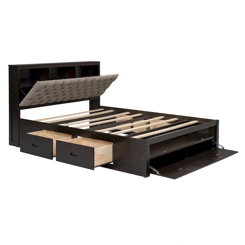 Wood Platform Bed with Storage Headboard, Shoe Rack and 4 Drawers