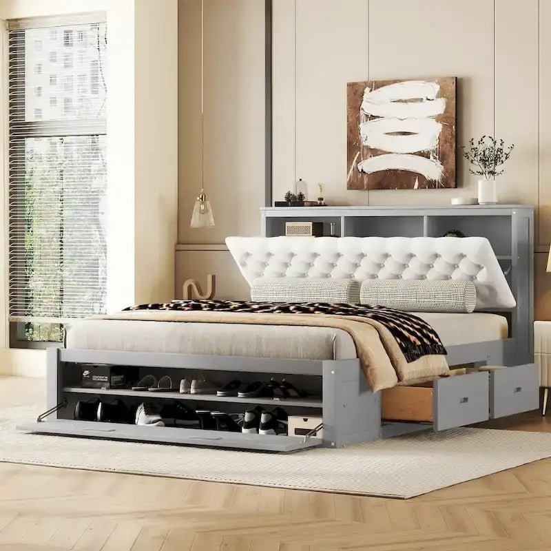 Wood Platform Bed with Storage Headboard, Shoe Rack and 4 Drawers