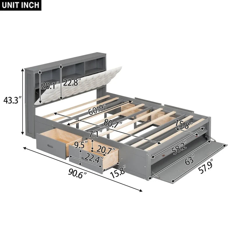 Wood Platform Bed with Storage Headboard, Shoe Rack and 4 Drawers