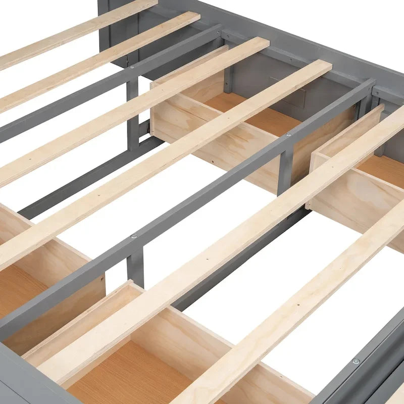 Wood Platform Bed with Storage Headboard, Shoe Rack and 4 Drawers
