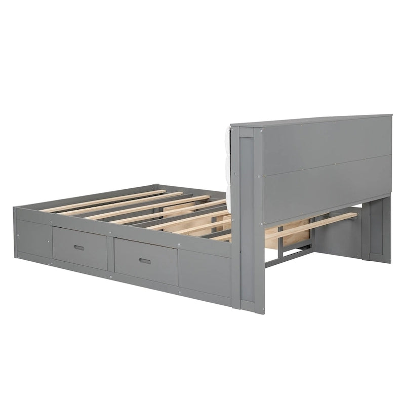 Wood Platform Bed with Storage Headboard, Shoe Rack and 4 Drawers
