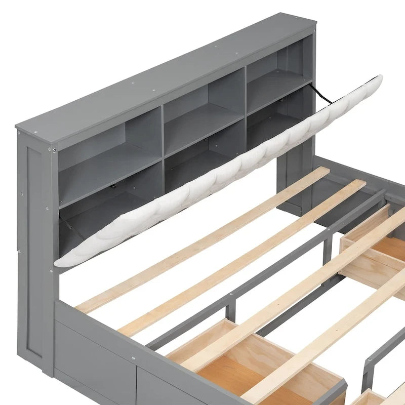 Wood Platform Bed with Storage Headboard, Shoe Rack and 4 Drawers