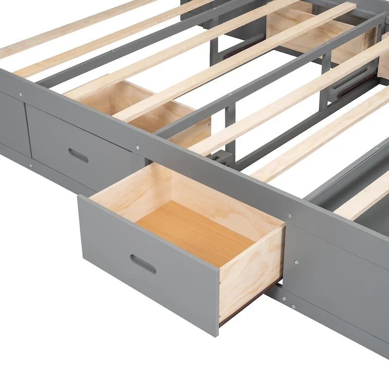 Wood Platform Bed with Storage Headboard, Shoe Rack and 4 Drawers