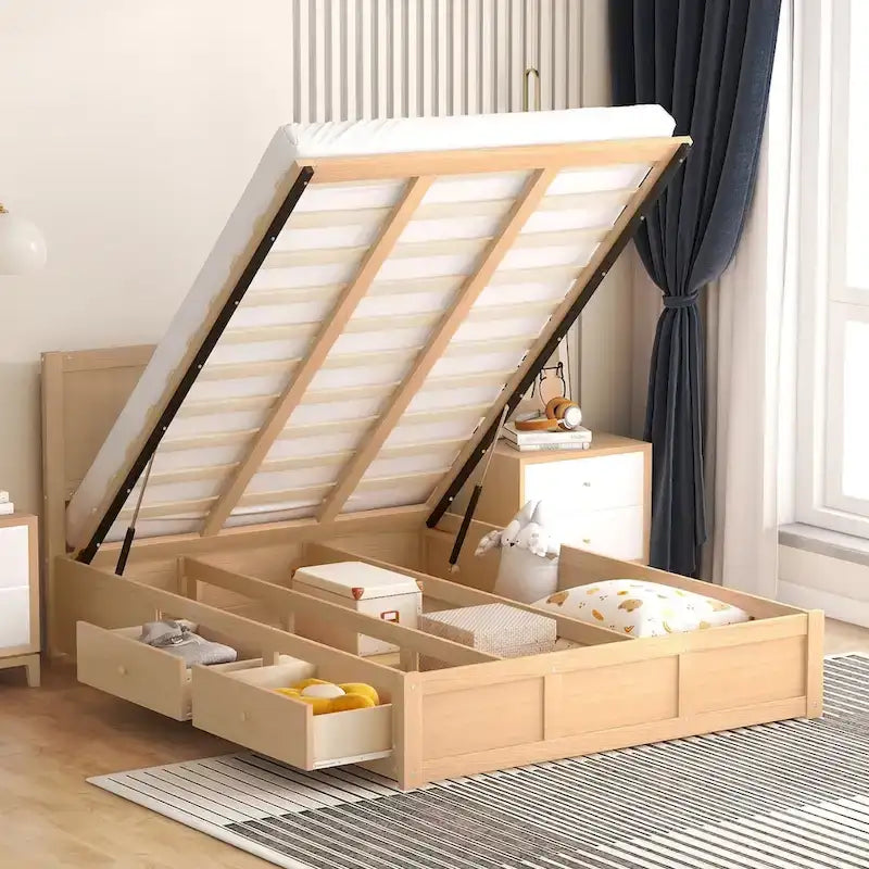 Letto a piattaforma in legno con contenitore sottostante e 2 cassetti