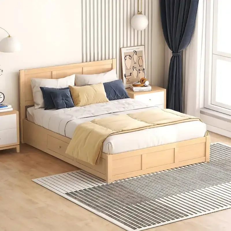 Letto a piattaforma in legno con contenitore sottostante e 2 cassetti