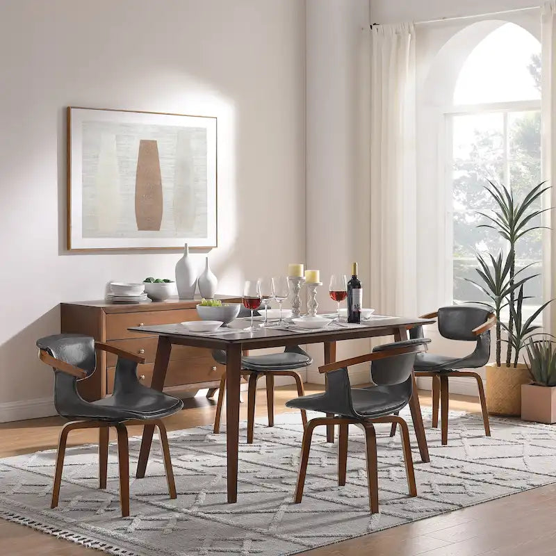 Set of 4 Wood and Faux Leather Swivel Chairs