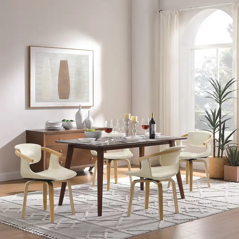 Set of 4 Wood and Faux Leather Swivel Chairs