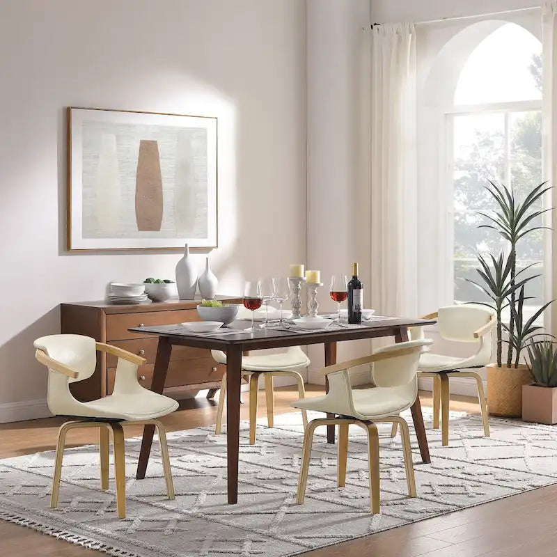 Set of 4 Wood and Faux Leather Swivel Chairs