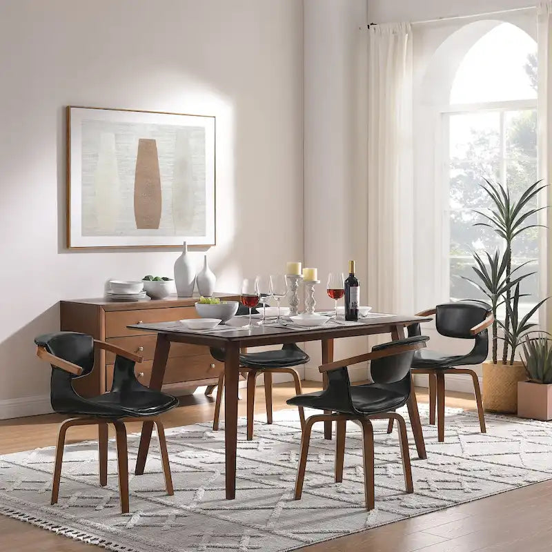 Set of 4 Wood and Faux Leather Swivel Chairs