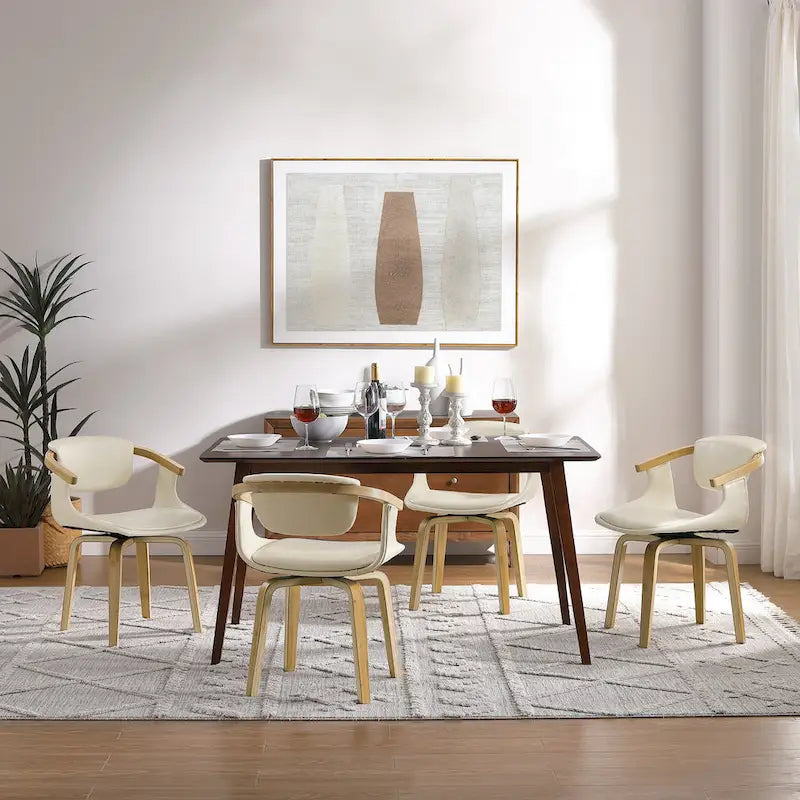 Set of 4 Wood and Faux Leather Swivel Chairs