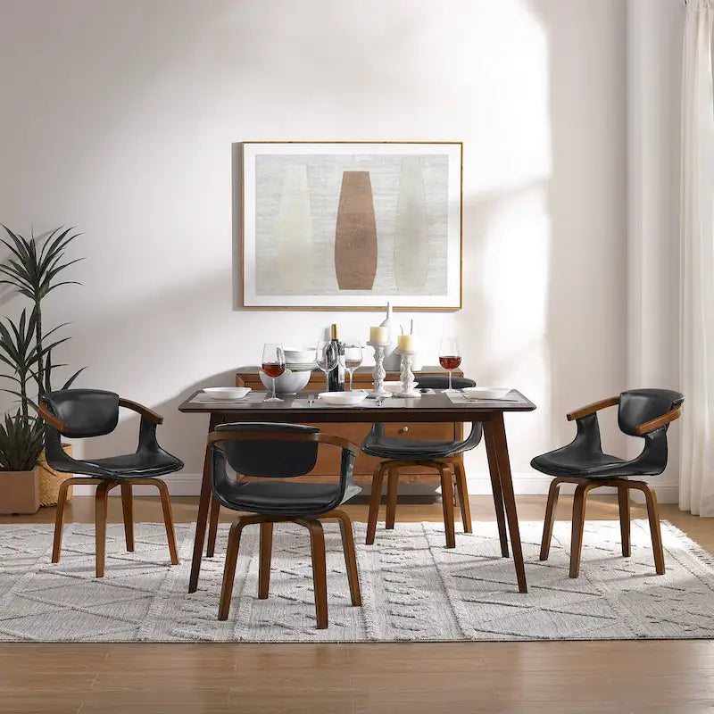 Set of 4 Wood and Faux Leather Swivel Chairs