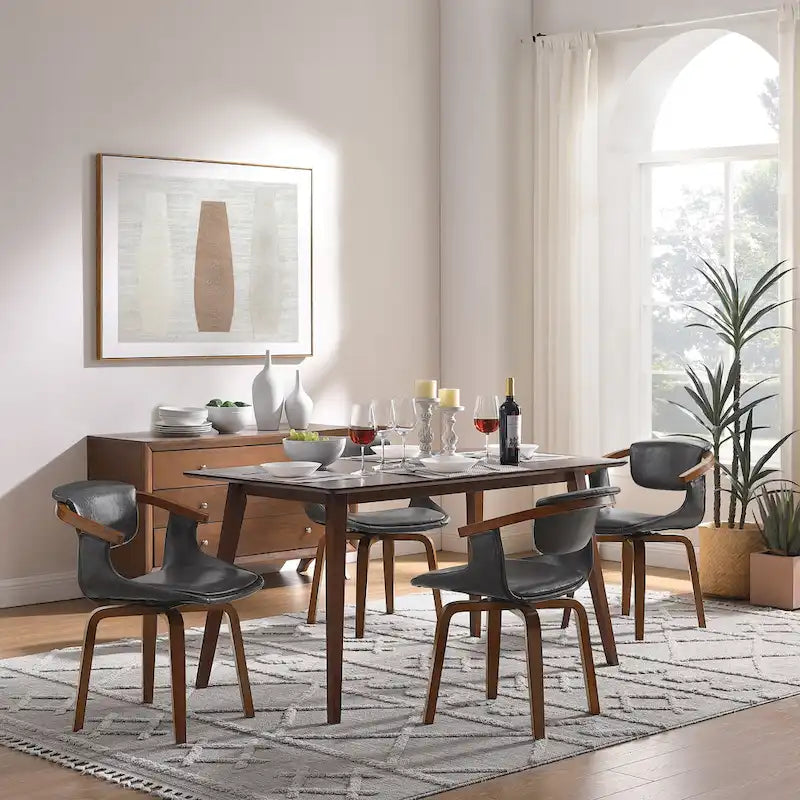 Set of 4 Wood and Faux Leather Swivel Chairs