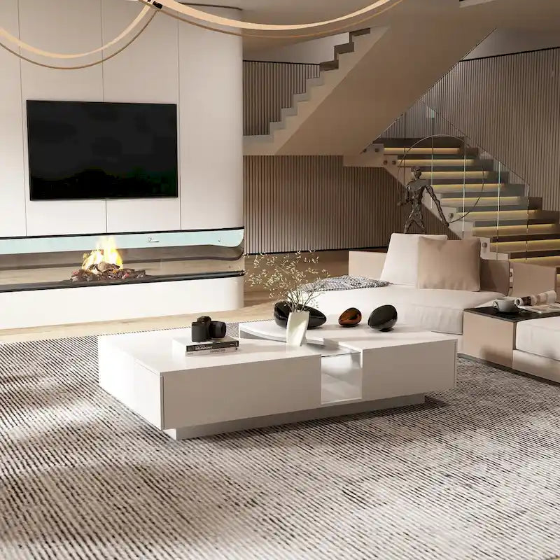 White Glass-Top Coffee Table with LED Lights and Two Drawers