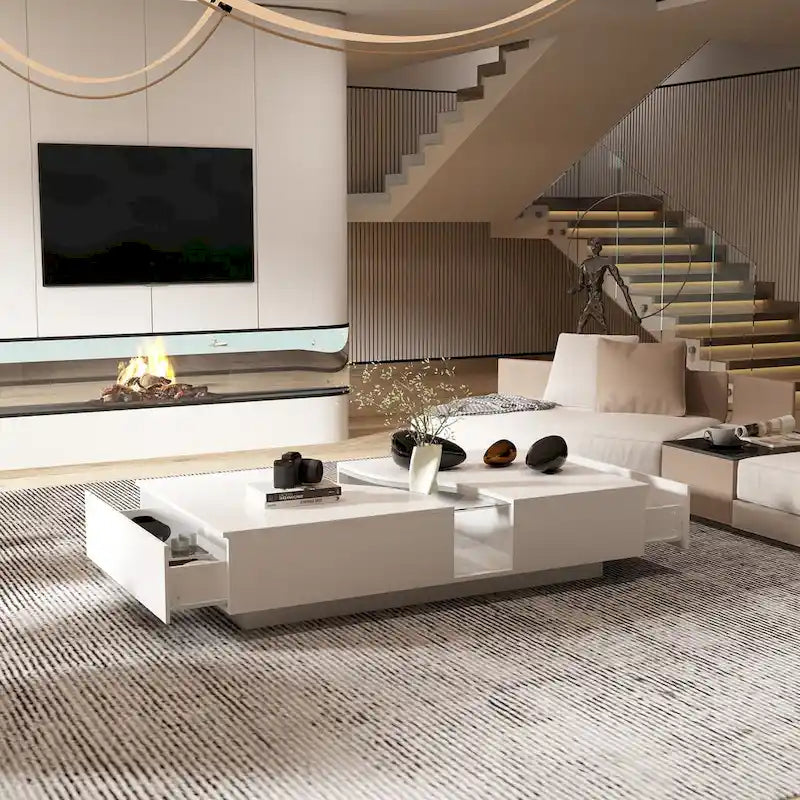 White Glass-Top Coffee Table with LED Lights and Two Drawers