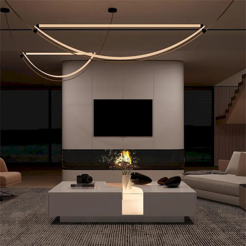 White Glass-Top Coffee Table with LED Lights and Two Drawers