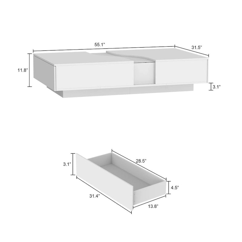 Weißer Couchtisch mit Glasplatte, LED-Beleuchtung und zwei Schubladen