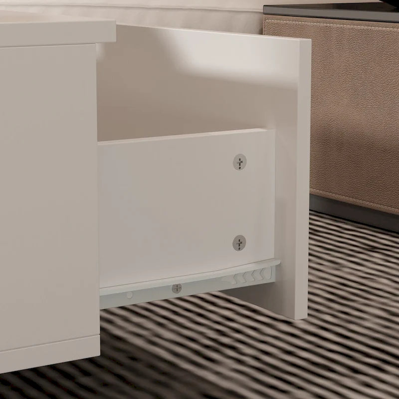 Weißer Couchtisch mit Glasplatte, LED-Beleuchtung und zwei Schubladen
