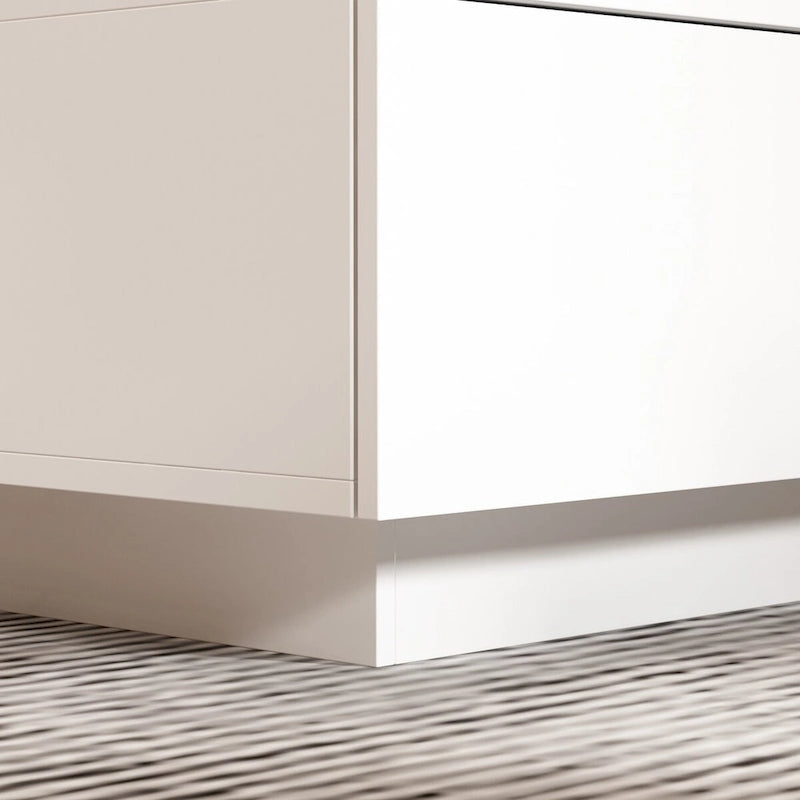 Weißer Couchtisch mit Glasplatte, LED-Beleuchtung und zwei Schubladen