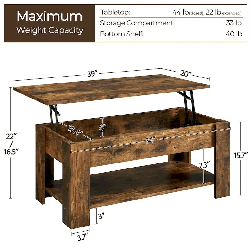 38.6-Inch Lift-Top Coffee Table with Storage Shelf