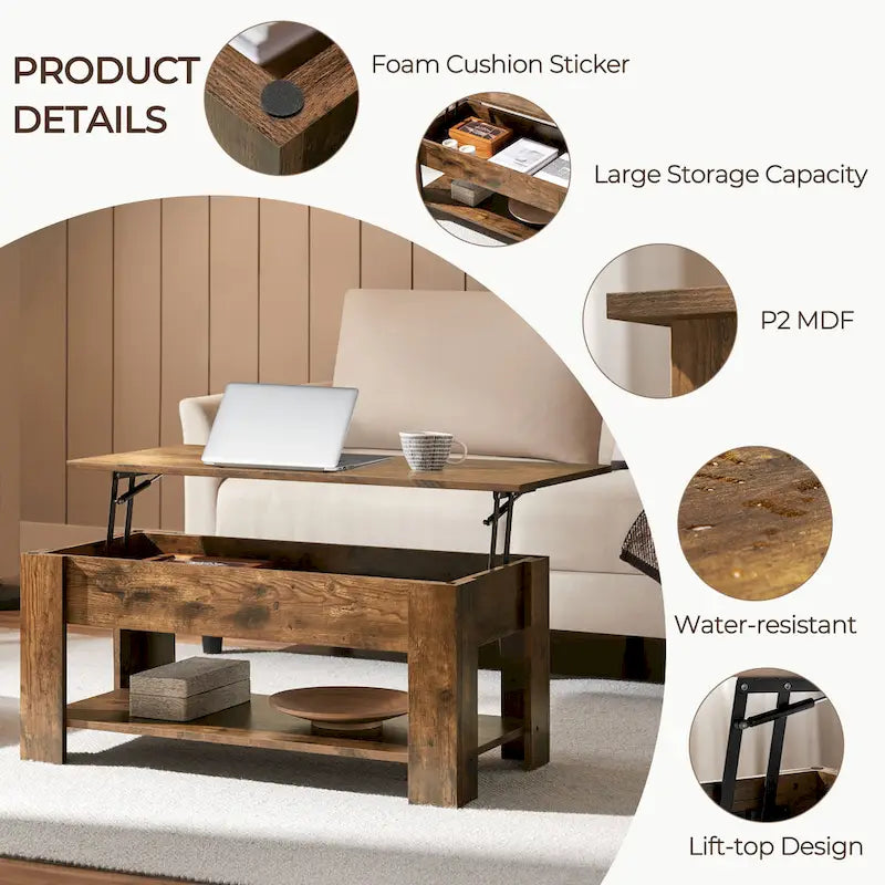 38.6-Inch Lift-Top Coffee Table with Storage Shelf