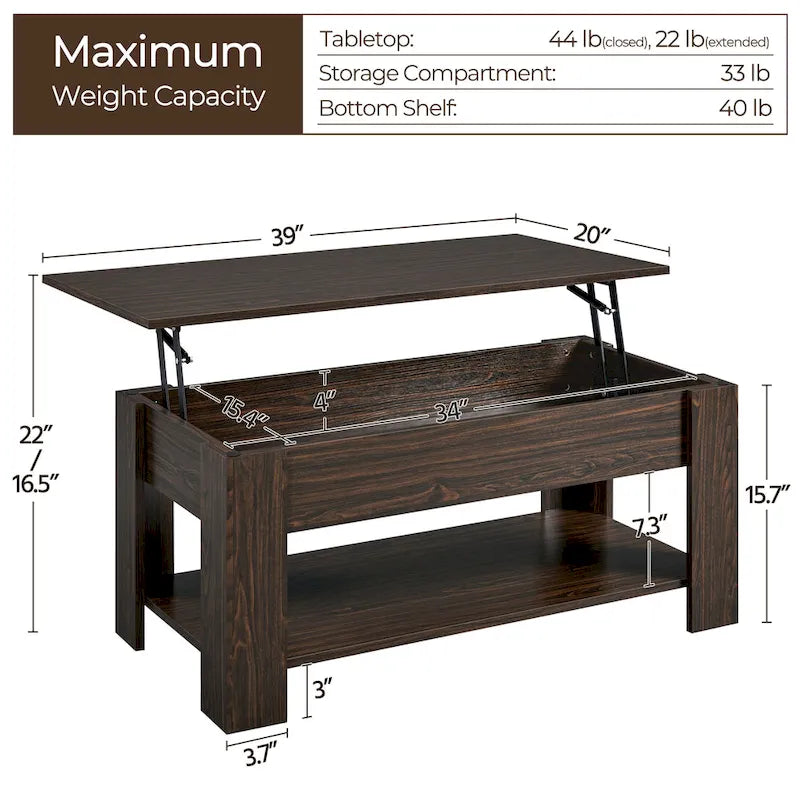 38.6-Inch Lift-Top Coffee Table with Storage Shelf